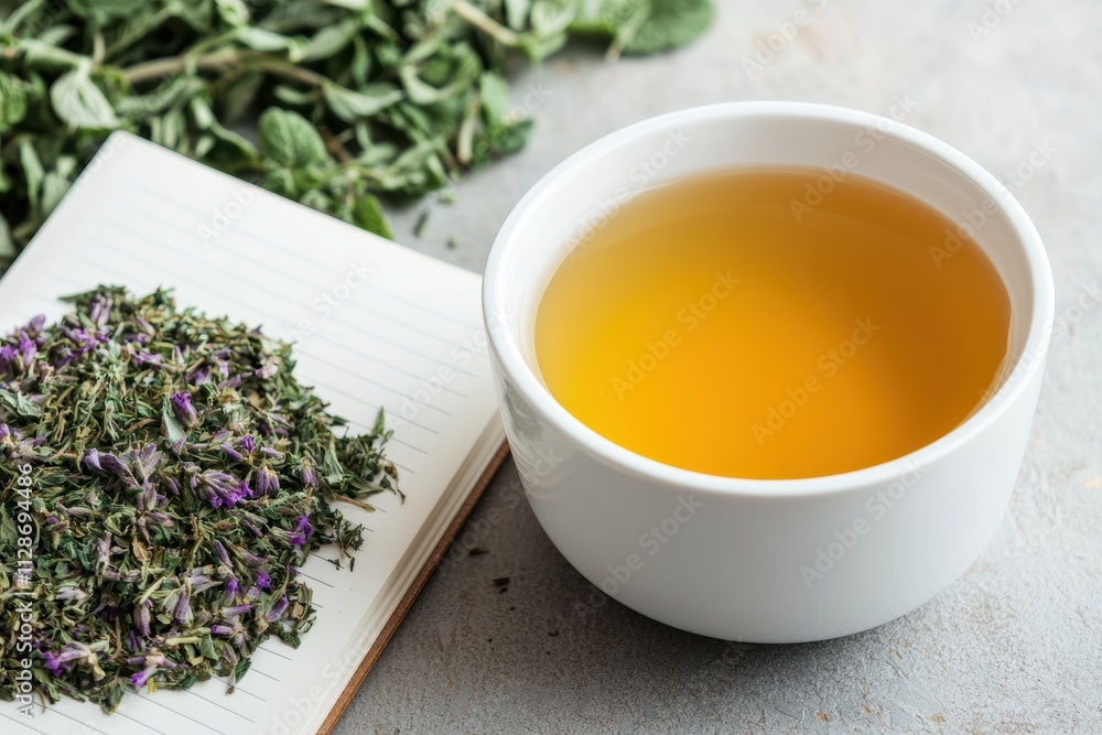 Herbal tea, fresh herbs, and journal promoting self care and balanced lifestyle Herbal tea, fresh herbs, and journal promoting self care and balanced lifestyle