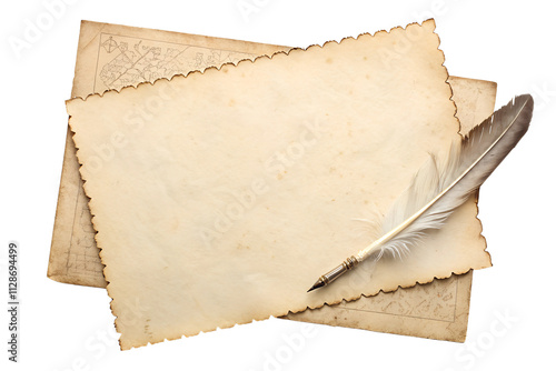Vintage paper or parchment set with feather pen isolated on transparent background

