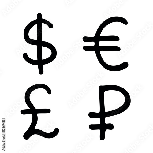 Hand drawn multiple currencies symbol set Dollar euro pound ruble