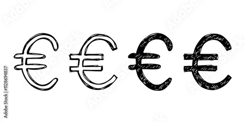 Hand drawn euro currency symbol set Brush stroke doodle Single element for design