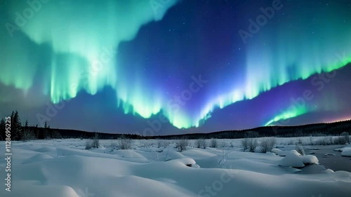 aurora borealis dance on the night sky under white winter empty landscape; astonishing skyscape with nothern lights  blue and green colours