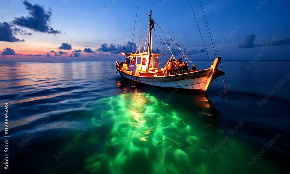 A serene night scene of a boat illuminated on calm waters. A serene night scene of a boat illuminated on calm waters.