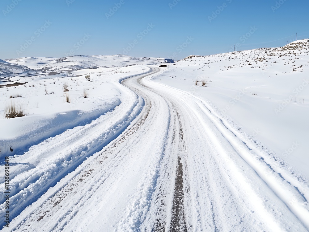 Car following a snowy mountain road with tire tracks in the snow Car following a snowy mountain road with tire tracks in the snow