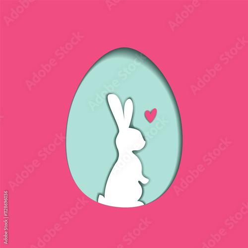 Vector Happy easter paper cut greeting card. Easter rabbit inside egg. Easter greeting card.