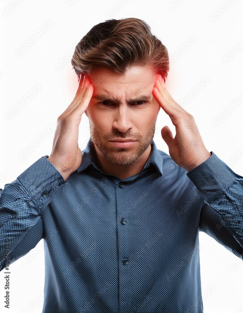 Naklejka premium Headache concept. Young man showing how much his head hurts, experiencing pain isolated in white