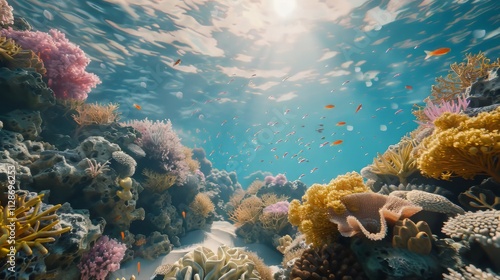 Wallpaper Mural A beautiful view of the seabed during the day, with lots of coral and sea animals swimming, depicting a peaceful atmosphere. Torontodigital.ca