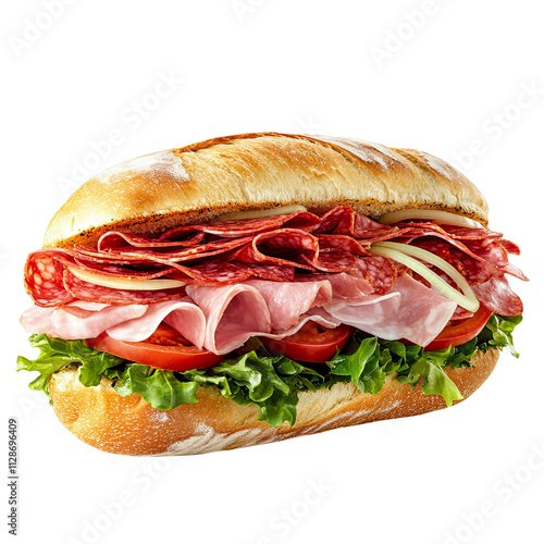 Submarine sandwich with ham salami lettuce tomatoes and onion on white background long subway sandwich with lots of meat and vegetables fast food delicious sandwich loaded with salami ham tomato