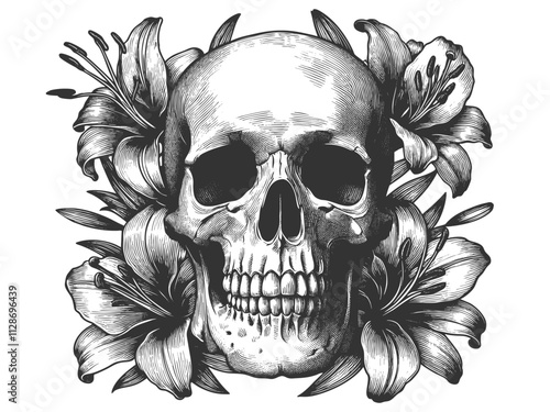 skull surrounded by lilies flowers, blending themes of death and beauty in vintage style sketch engraving generative ai vector illustration. Scratch board imitation. Black and white image.