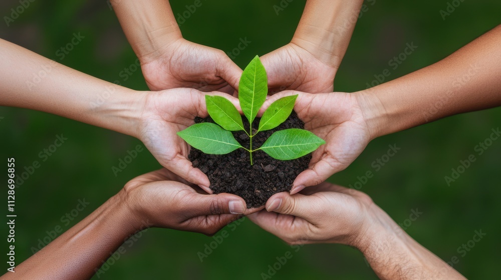 Diverse Hands Protecting Young Plant, Sustainability Diverse Hands Protecting Young Plant, Sustainability