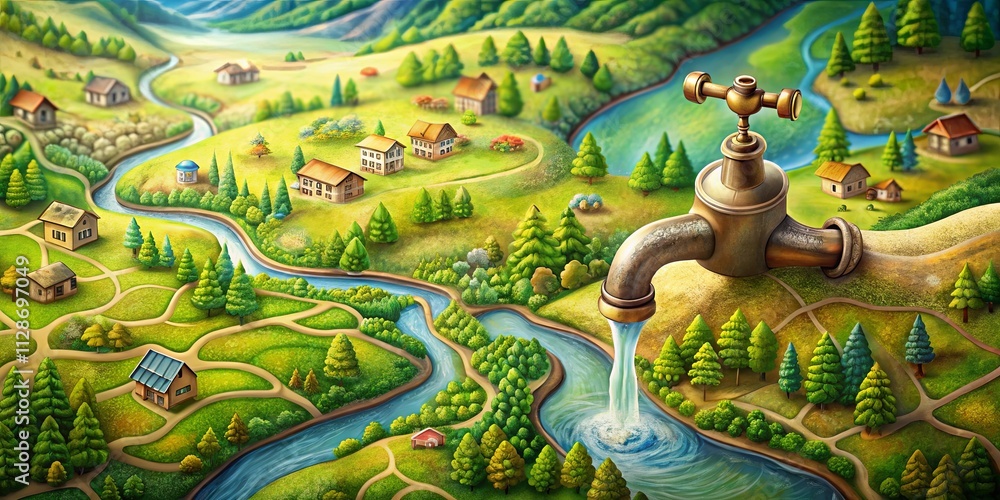 Obraz premium A Rustic Faucet Spilling Life into a Lush Valley, A Water Source for a Vibrant Ecosystem