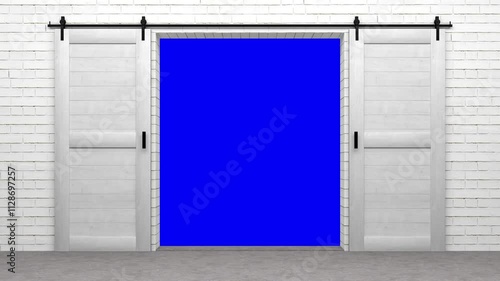 open sliding door with bluescreen in the background - 3D Rendering 4k