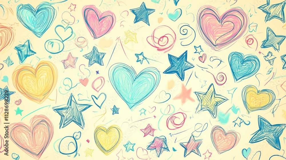 Fototapeta premium Colorful Hand Drawn Hearts and Stars Pattern