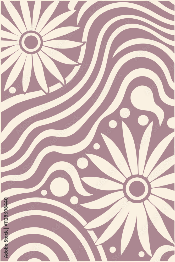 Fototapeta premium Purple vintage background features stylized flowers and wavy stripes, evoking a retro aesthetic perfect for design projects seeking a touch of nostalgia