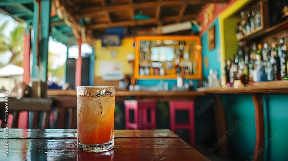 A vibrant Caribbean beach bar with reggae music playing and colorful decor. A vibrant Caribbean beach bar with reggae music playing and colorful decor.