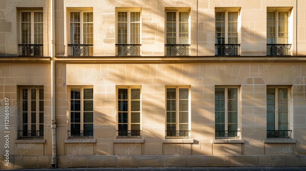 Parisian elegance, modern architecture, facing a wall with windows and doors, sunny afternoon light, peaceful atmosphere, no people present. Parisian elegance, modern architecture, facing a wall with windows and doors, sunny afternoon light, peaceful atmosphere, no people present.
