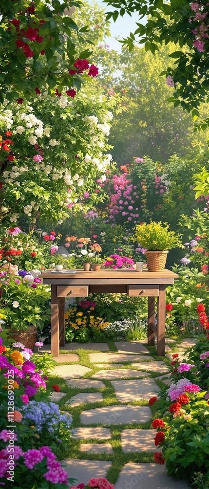 Obraz premium A simple wooden desk set amidst a lush summer garden filled with vibrant flowers and colorful plants, whimsical decor., botanical garden, vibrant colors