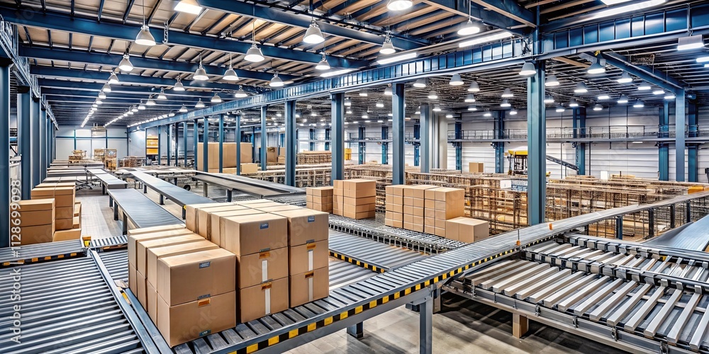 A Modern Industrial Interior With A Complex Network Of Conveyors And Stacks Of Cardboard Boxes A Modern Industrial Interior With A Complex Network Of Conveyors And Stacks Of Cardboard Boxes