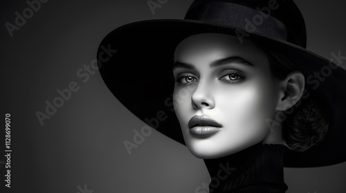 Elegant Woman in Wide-Brimmed Hat Against Dark Background in Black and White