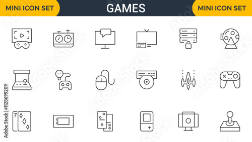 Games outline icon set. Gaming icon elements containing points and life bars, console, player, chess, multiplayer, casino and mobile game icons.video games, gaming, technology, gadget, esport.