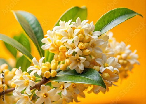 Captivating Display of White and Yellow Osmanthus Flowers on a Vibrant Yellow Background, Perfect for Food Photography and Floral Arrangements, Isolated Subject for Culinary Inspiration