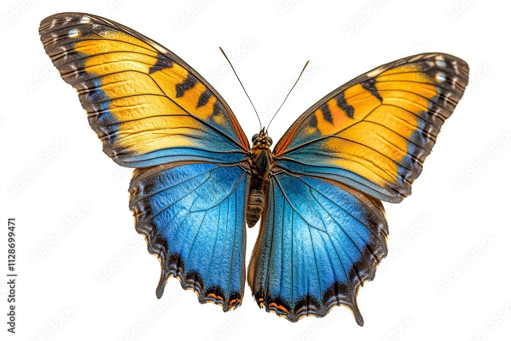 An single, stunning blue, yellow, orange butterfly in flight on a white backdrop. Generative Ai An single, stunning blue, yellow, orange butterfly in flight on a white backdrop. Generative Ai