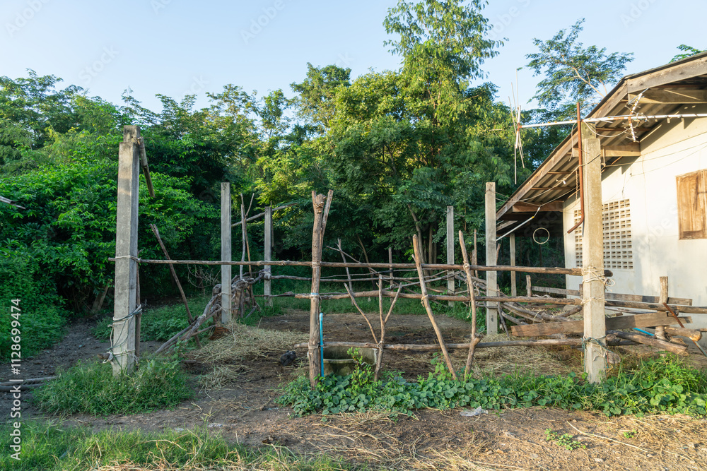 A small cattle pen that a farmer simply built from wood. A small cattle pen that a farmer simply built from wood.