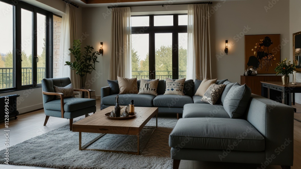 Modern living room with sectional sofa, large windows, and wooden coffee table. Modern living room with sectional sofa, large windows, and wooden coffee table.