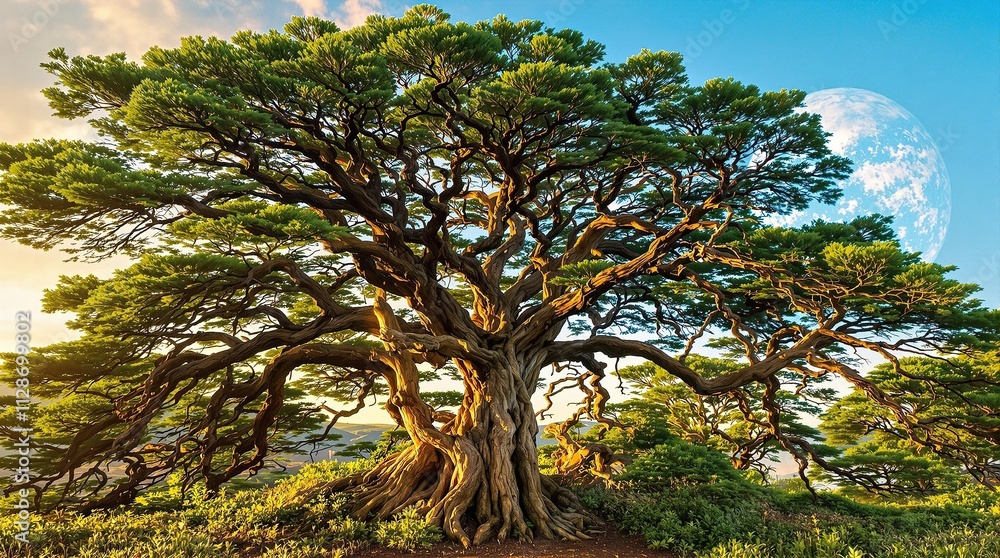 A stunning image of a full-grown tree with sprawling branches stretching towards the sky as Earth rises above it, branch growth, Tree branches rising, forest scenery A stunning image of a full-grown tree with sprawling branches stretching towards the sky as Earth rises above it, branch growth, Tree branches rising, forest scenery
