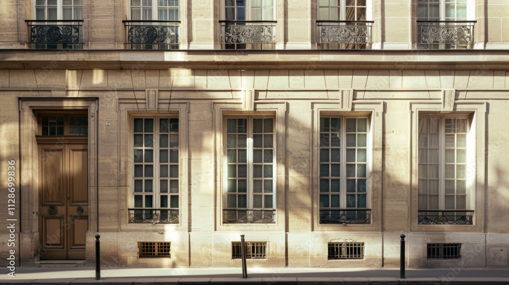 Parisian elegance, modern building, full wall with windows and doors, sunny afternoon light, serene urban scene, no people visible.