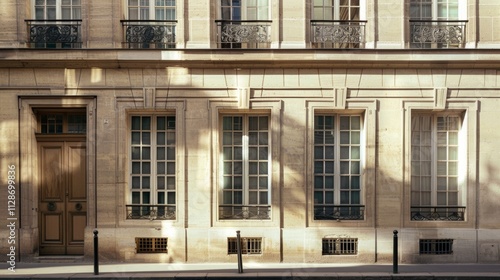 Obraz na płótnie Parisian elegance, modern building, full wall with windows and doors, sunny afternoon light, serene urban scene, no people visible. w salonie
