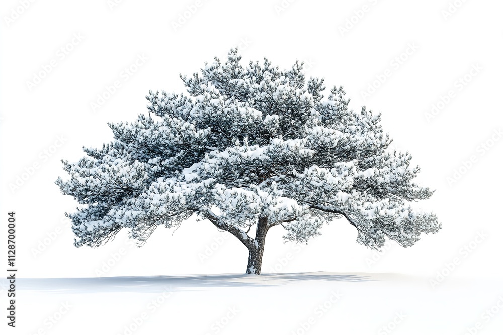 An single snow-covered evergreen tree standing by itself in the winter on a white background. Generative Ai An single snow-covered evergreen tree standing by itself in the winter on a white background. Generative Ai