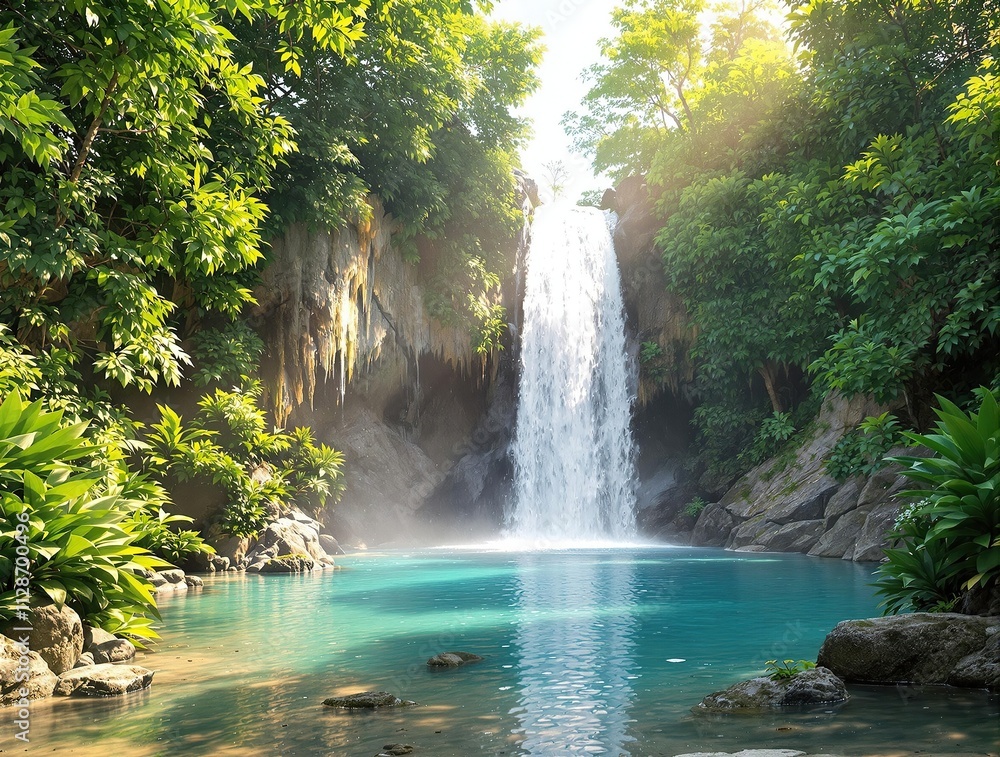 Fototapeta premium A tranquil oasis with a pristine waterfall and emerald-green foliage, purity, calm, zen, foliage, untouched