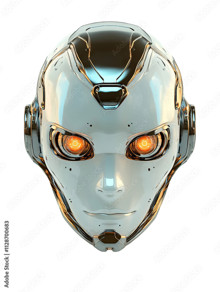 Futuristic Robot Head Artificial Intelligence Cyborg Android Humanoid Robotics Technology Science Fiction AI Machine Learning Digital Innovation Future Tech White and Chrome Design Glowing Eyes
