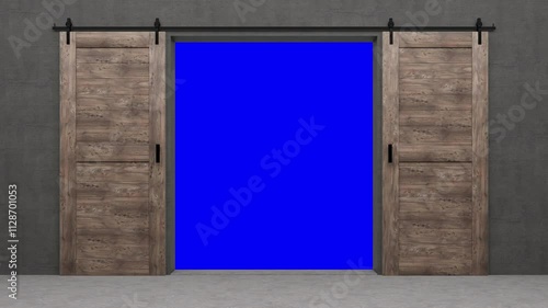 open sliding door with bluescreen in the background - 3D Rendering 4k
