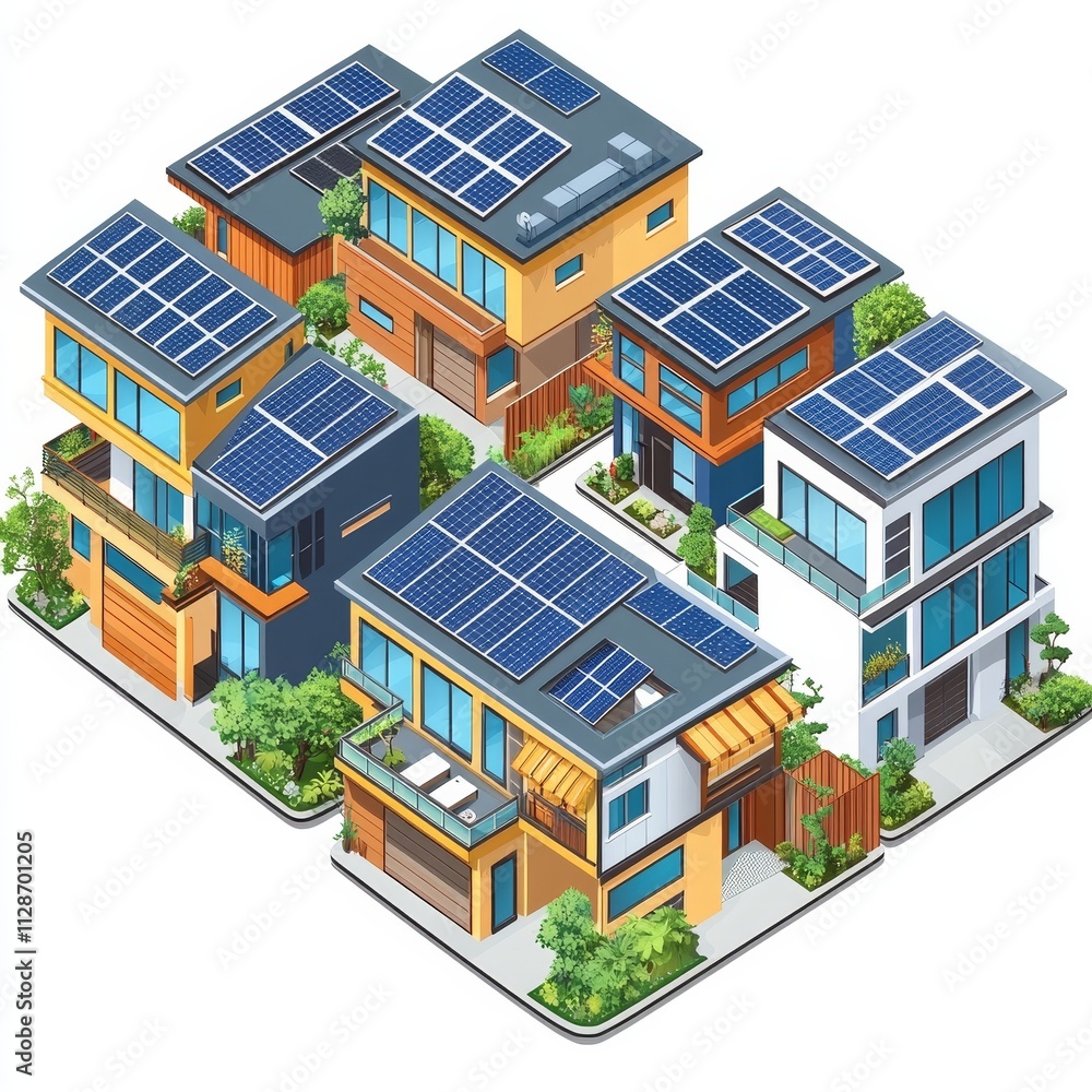 Isometric modern houses with solar panels, promoting sustainable living, eco-friendly architecture, and renewable energy solutions in residential design. Isometric modern houses with solar panels, promoting sustainable living, eco-friendly architecture, and renewable energy solutions in residential design.