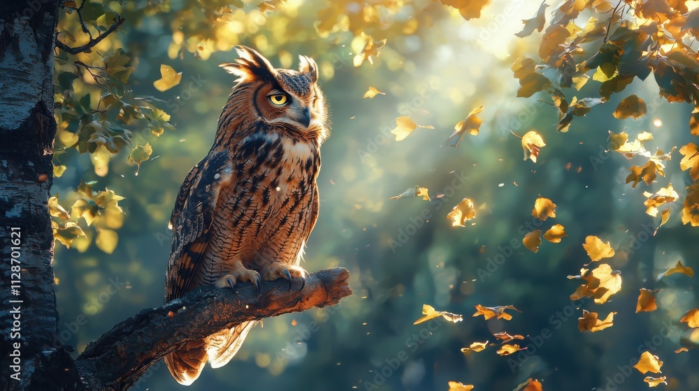 Owl perched on a branch sunlit forest artistic illustration nature environment capturing light filtering through leaves Owl perched on a branch sunlit forest artistic illustration nature environment capturing light filtering through leaves