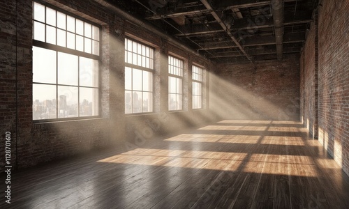 Sunlit Loft Interior: Brick Walls, Wood Floor 