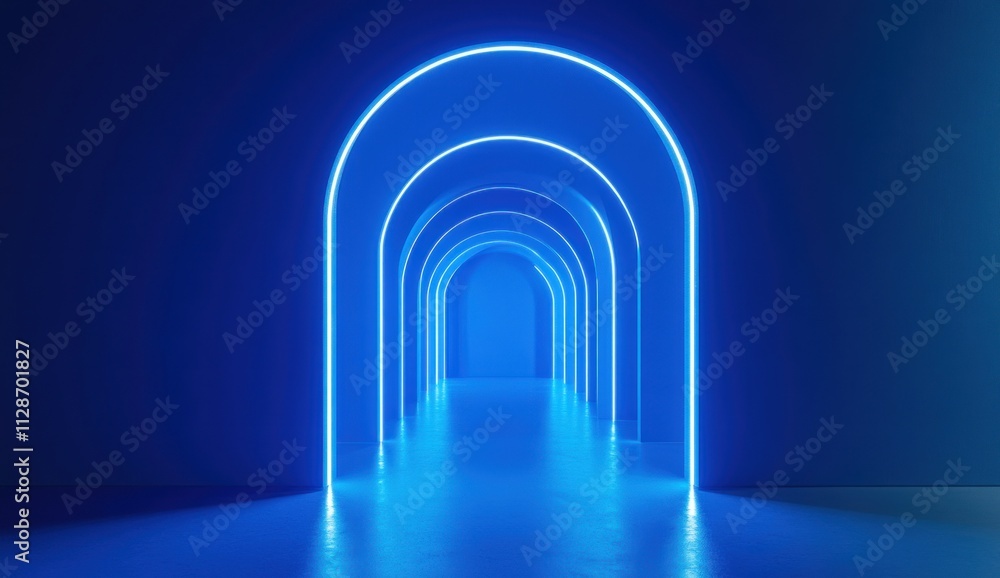Glowing blue neon archway tunnel. Glowing blue neon archway tunnel.