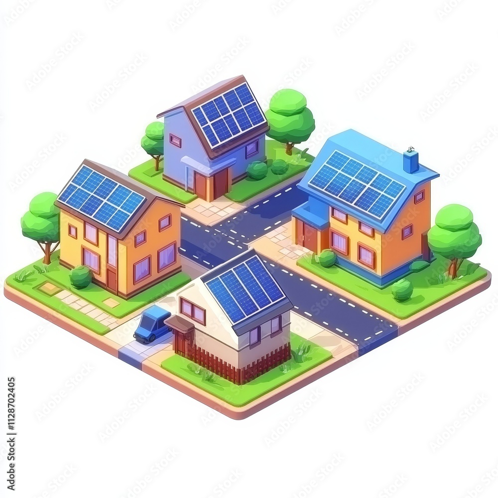 Isometric modern houses with solar panels, promoting sustainable living, eco-friendly architecture, and renewable energy solutions in residential design. Isometric modern houses with solar panels, promoting sustainable living, eco-friendly architecture, and renewable energy solutions in residential design.