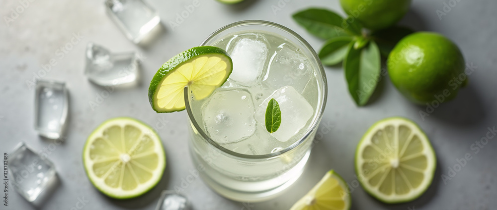 Refreshing Citrus Cocktail with Scattered Ice and Lime Garnish on Gray Surface Refreshing Citrus Cocktail with Scattered Ice and Lime Garnish on Gray Surface