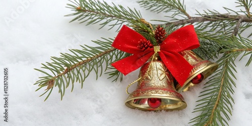 Captivating Double Exposure of Christmas Bells Tied with a Festive Red Bow Surrounded by Lush Pine Branches on a Soft White Background for Holiday Cheer