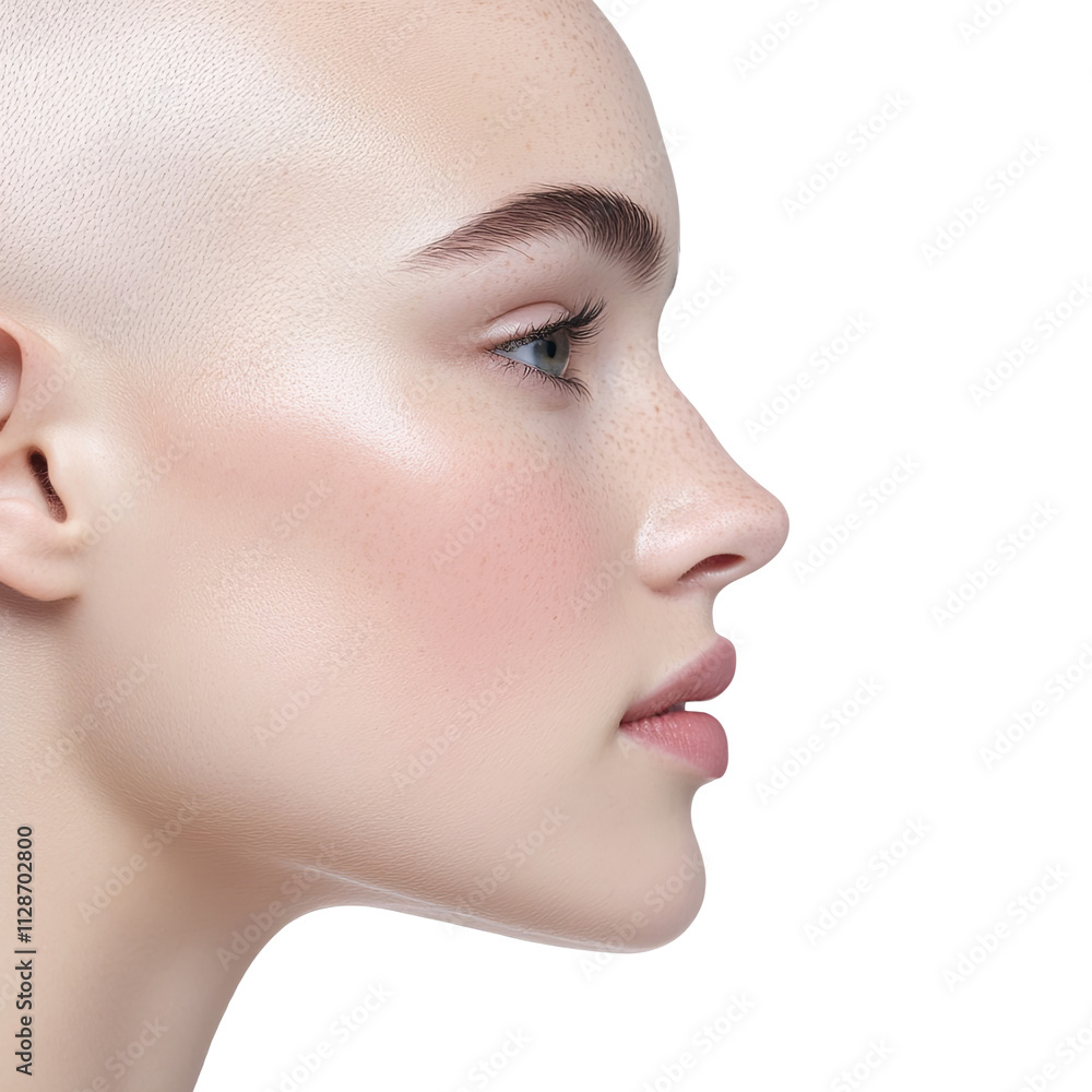 Beauty portrait of bald woman with freckles clean skin natural nude make-up skincare facial treatment cosmetology spa wellness health perfect fresh skin dermatology glowing skin profile side view Beauty portrait of bald woman with freckles clean skin natural nude make-up skincare facial treatment cosmetology spa wellness health perfect fresh skin dermatology glowing skin profile side view