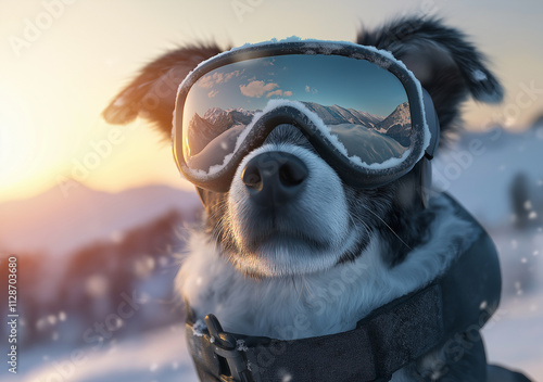 Funny dog face with sunglasses and a mask, Featuring a realistic 3D illustration. Reflection of mountains in the glasses, embracing the 'Hello Winter' concept. Skiing vibe.