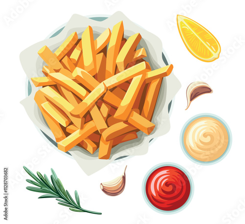 Delicious French fries with sauce on a white background. Vector illustration