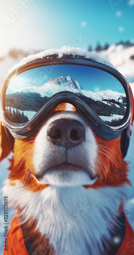 Funny realistic 3D illustration of a dog wearing a winter face mask with a reflection of mountains. Hello winter concept