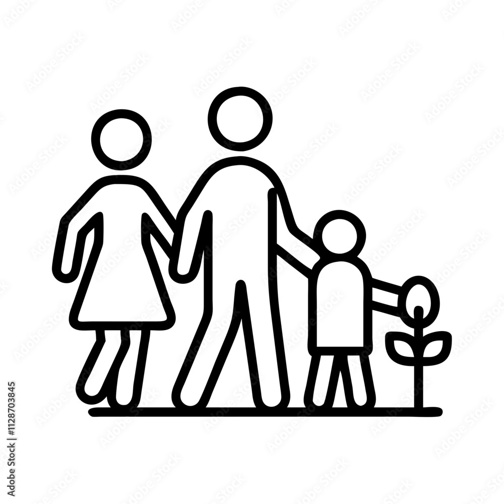 family walking in park icon, family day line art, family icon - simple black line art icon of family walking in park, symbolizing family day celebrations. family vector art. family walking in park icon, family day line art, family icon - simple black line art icon of family walking in park, symbolizing family day celebrations. family vector art.
