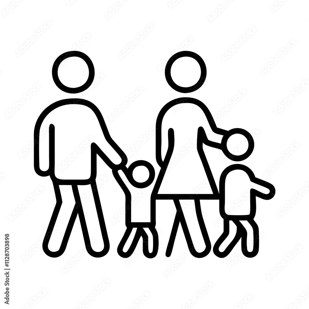 family walking in park icon, family day line art, family icon - simple black line art icon of family walking in park, symbolizing family day celebrations. family vector art.