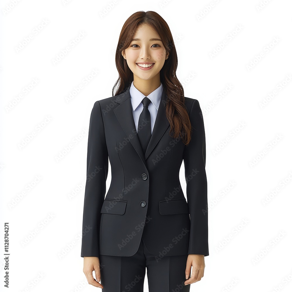 Smiling Asian Japanese women in suits, isolated on white background, highlighting professionalism, corporate culture, and business attire. Smiling Asian Japanese women in suits, isolated on white background, highlighting professionalism, corporate culture, and business attire.