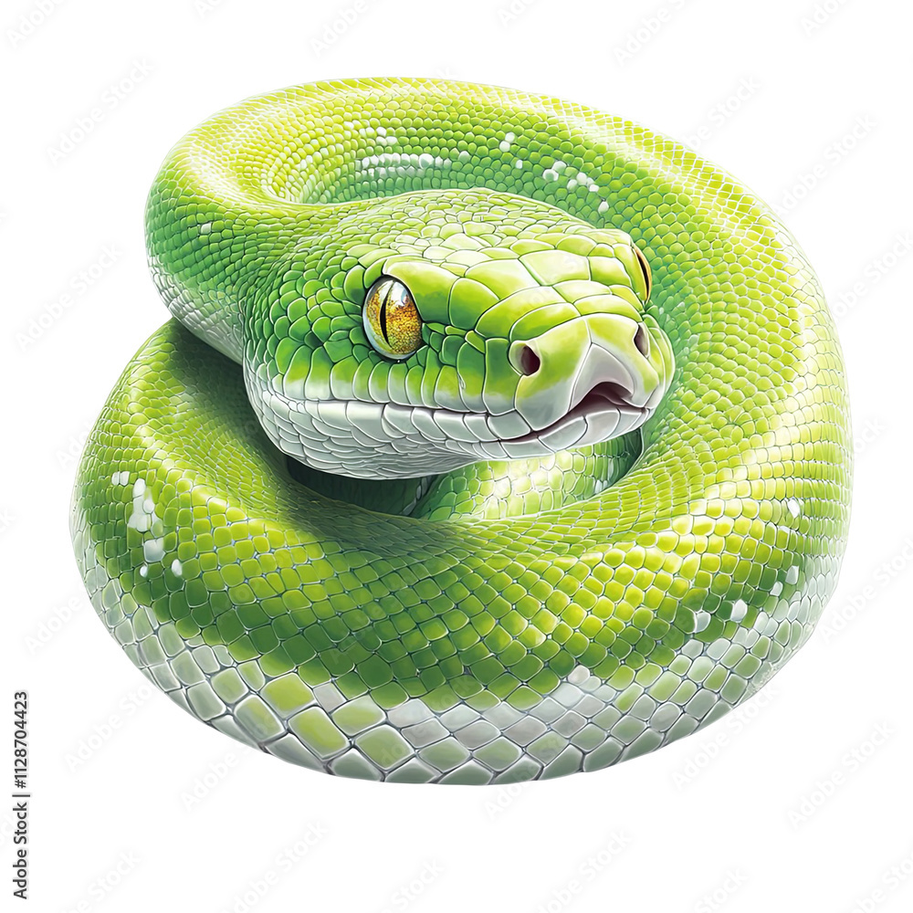 Obraz premium Green Tree Python Coiled Reptile Scales Exotic Wildlife Serpentine Nature Dangerous Predator Emerald Viridescent Slithering Herpetology Tropical Rainforest Amazon Jungle Isolated White Background