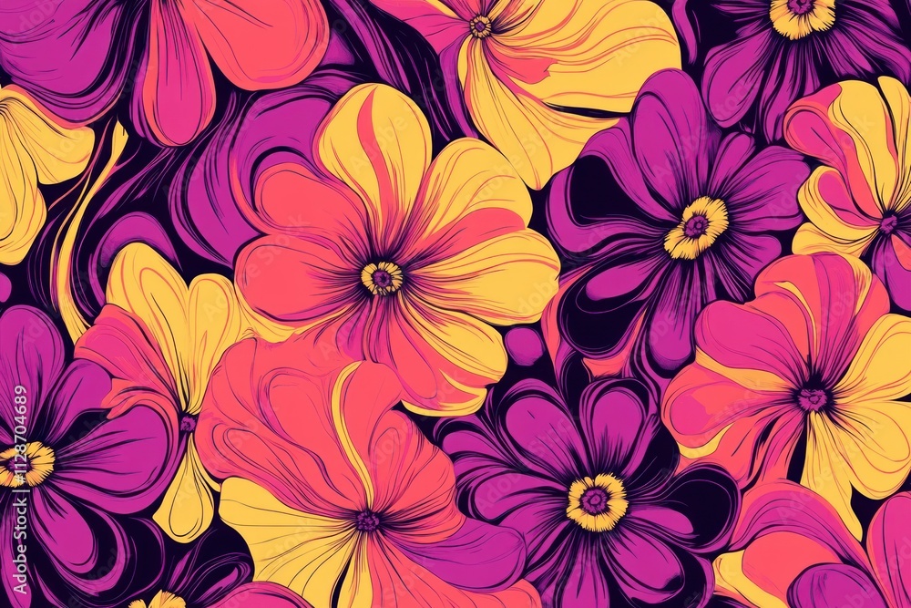 Obraz premium Vibrant abstract floral pattern with swirling pink, purple, and yellow flowers on a dark background.